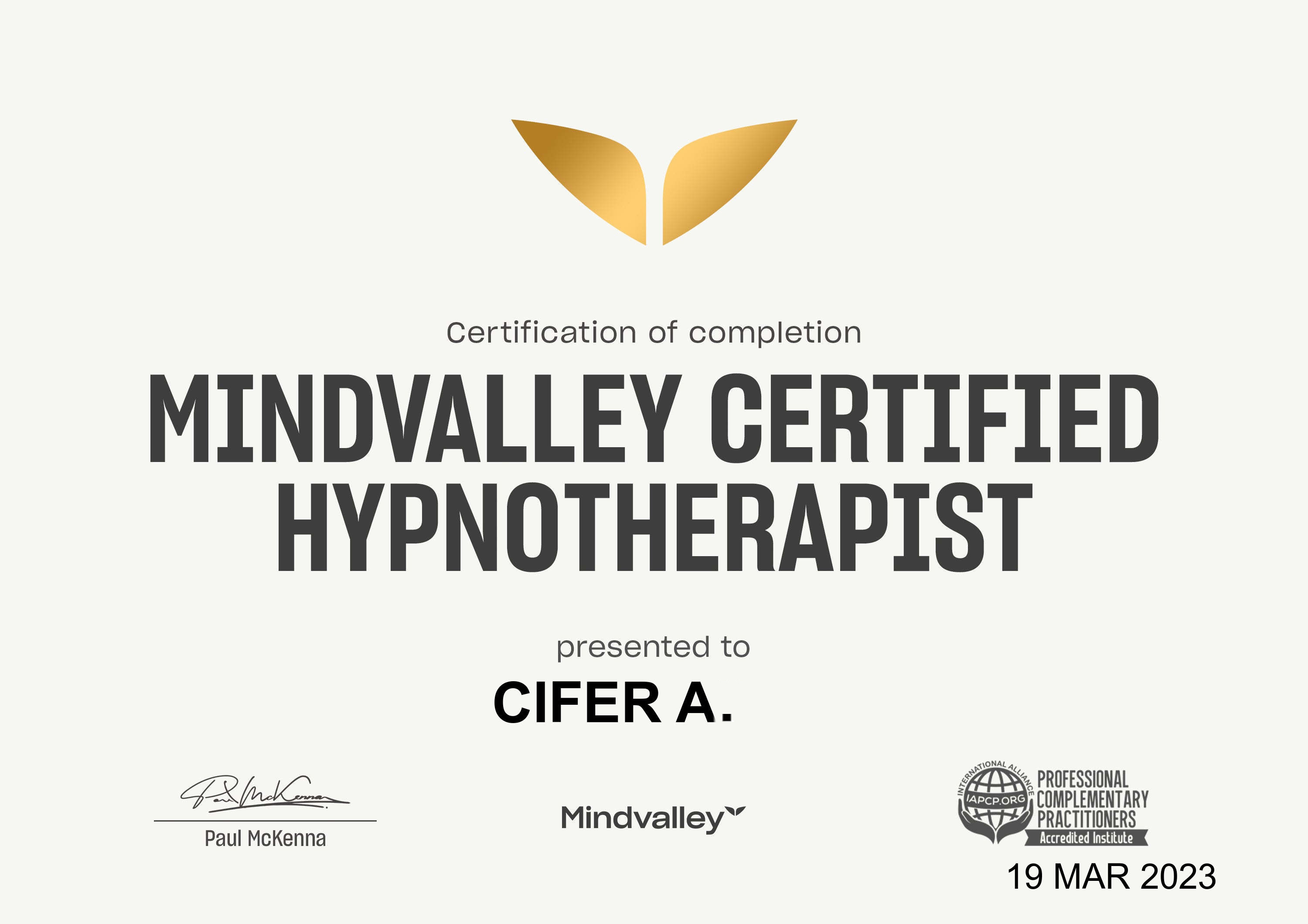 Certified Hypnotherapy certificate